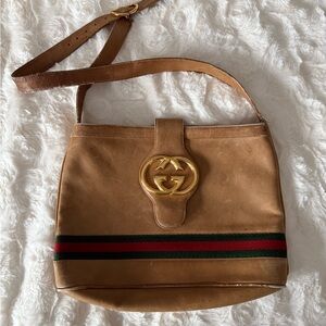 Vintage authentic Gucci Brown Leather Shoulder Bag with Gold Accent